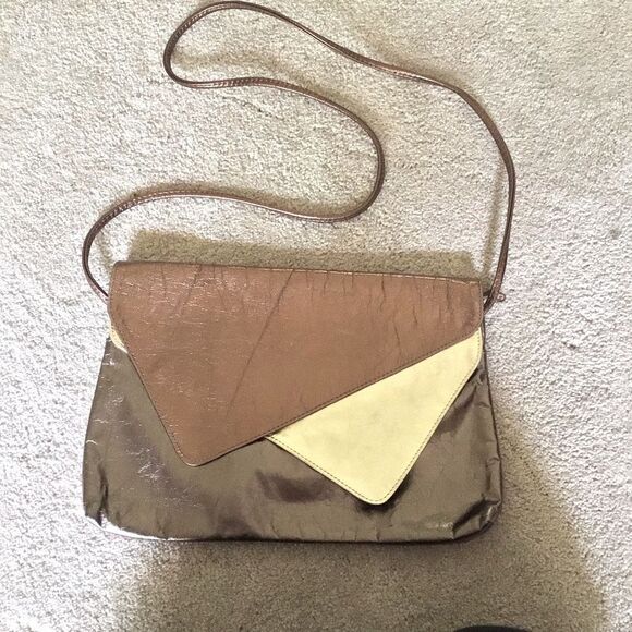 VTG 1980’s Saereun NY Bronze Gold Colorblock Leather Shoulder Clutch - Picture 1 of 8